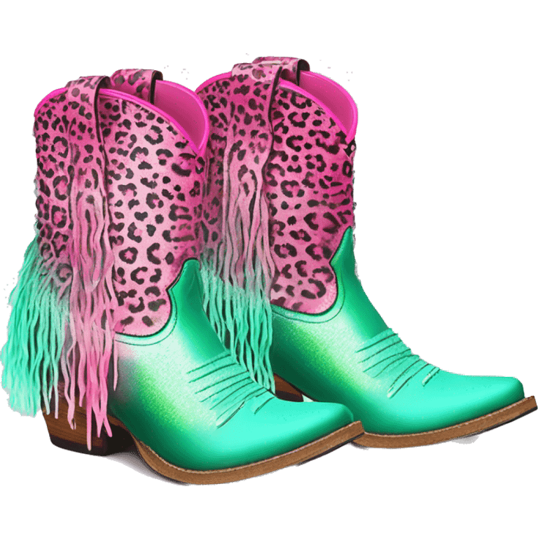 Realistic hot pink to mint green ombre leopard print pair of fashion cowgirl boots with sparkly shiny glitter fringe on them. emoji