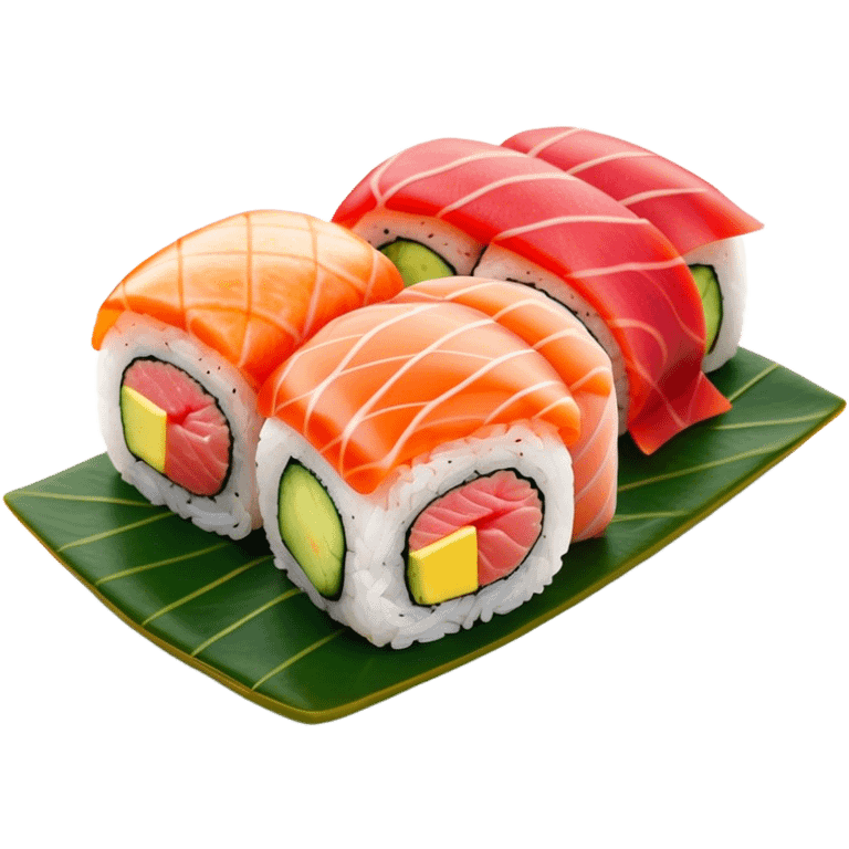 Cinematic Realistic Sushi Dish Emoji, depicted as an artful arrangement of fresh sushi with vibrant colors rendered with lifelike textures and delicate, natural lighting. emoji