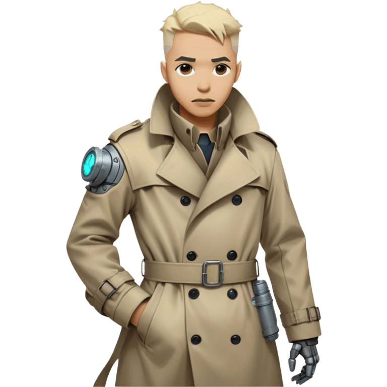 cartoonish, rough, and battle-worn cyber-steampunk Dr. Numen Oppen is seen with his side view mug shot of hi rugged trench coat, exposed mechanical joints, and worn cybernetic enhancements capture the fusion of steampunk and cyberpunk aesthetics. emoji