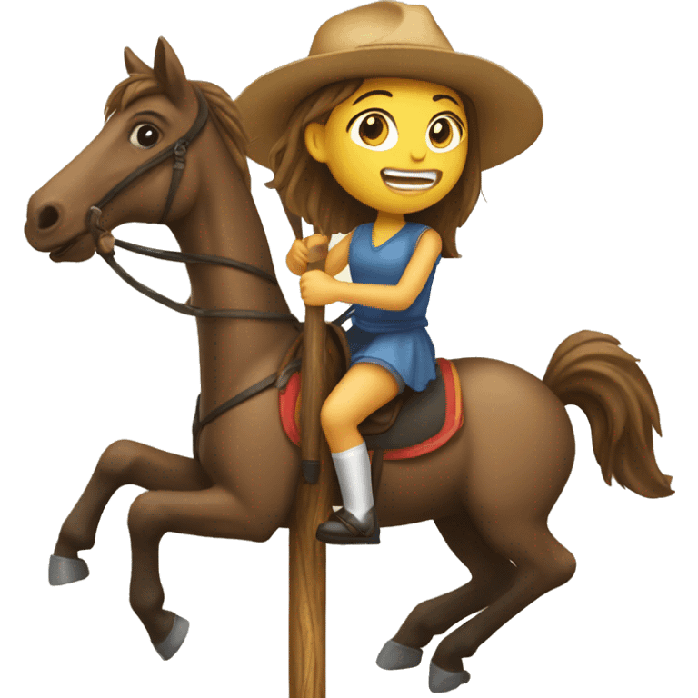 Girl riding on a wooden stick as a horse  emoji