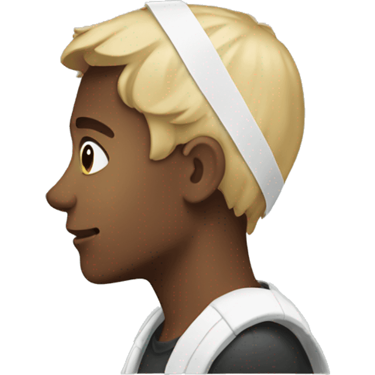 A side profile of a young man with their ear covered by a bandaid emoji