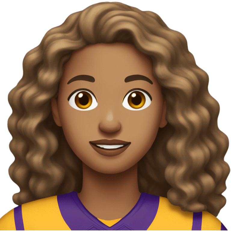 Light skin woman with very long wavy brown hair wearing lsu jersey emoji