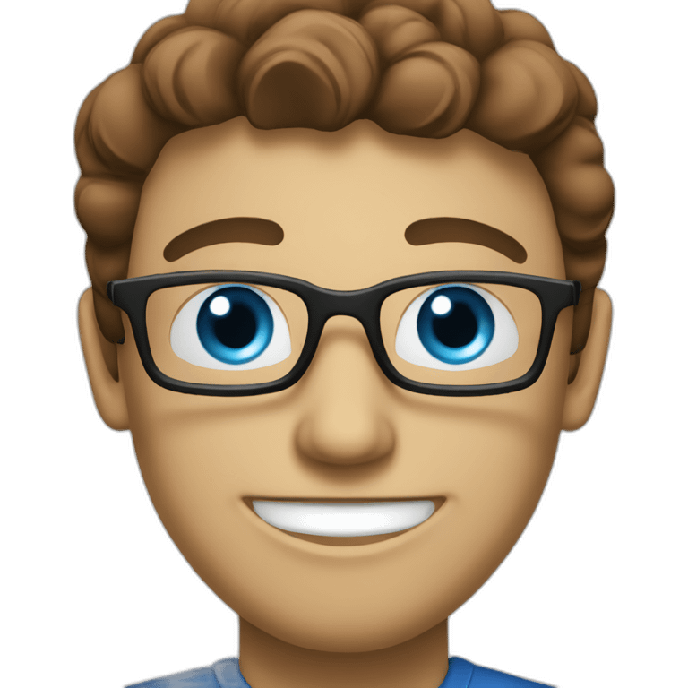 blue eyed computer engineer smiling with a coffee emoji