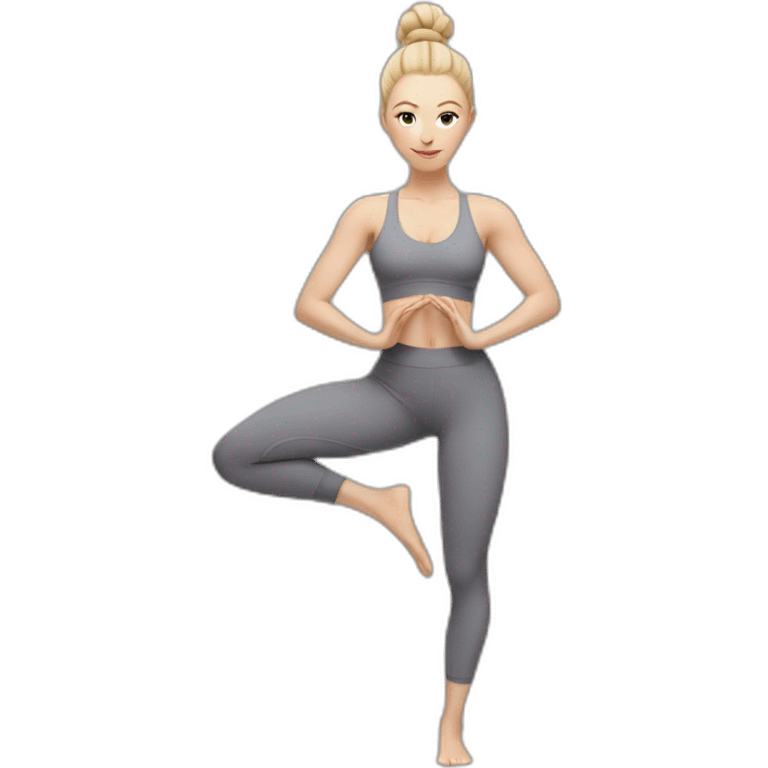 Pale skinned fit woman In a gray tight yoga suit and wristbands With ash blonde hair in a bun doing yoga emoji