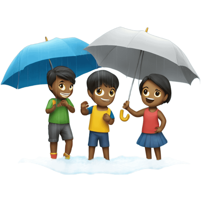 3 kids with a umbrella playing with a paper ship in the rain emoji