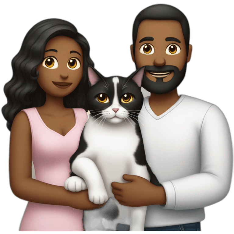 Family photo a fat husband with a beard is holding a white cat and wife with straight hair is holding a black cat emoji