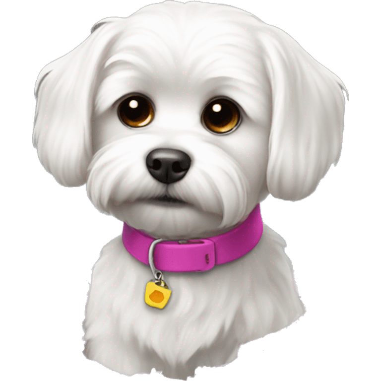 Adorable white Maltese wearing pink collar digging through trash emoji