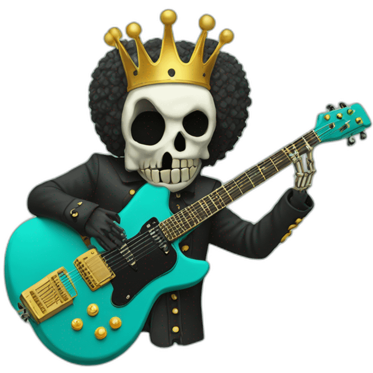 Soolking brook ;black affro cut ;turquoise electric guitar;golden crown ;skeletal face emoji