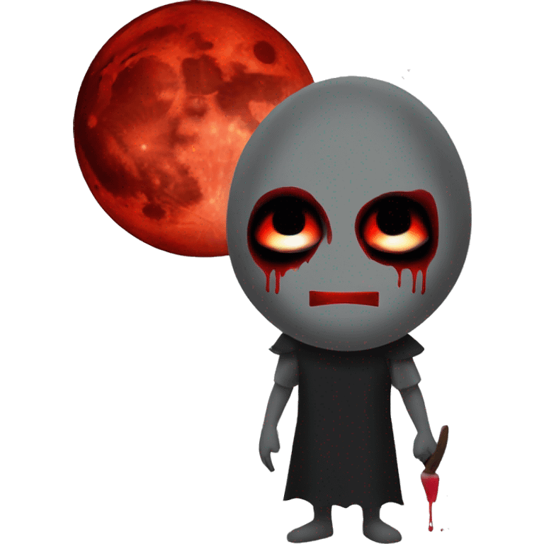 a gu with a creepy smiling mask color red black grey and a blood moon in the background emoji