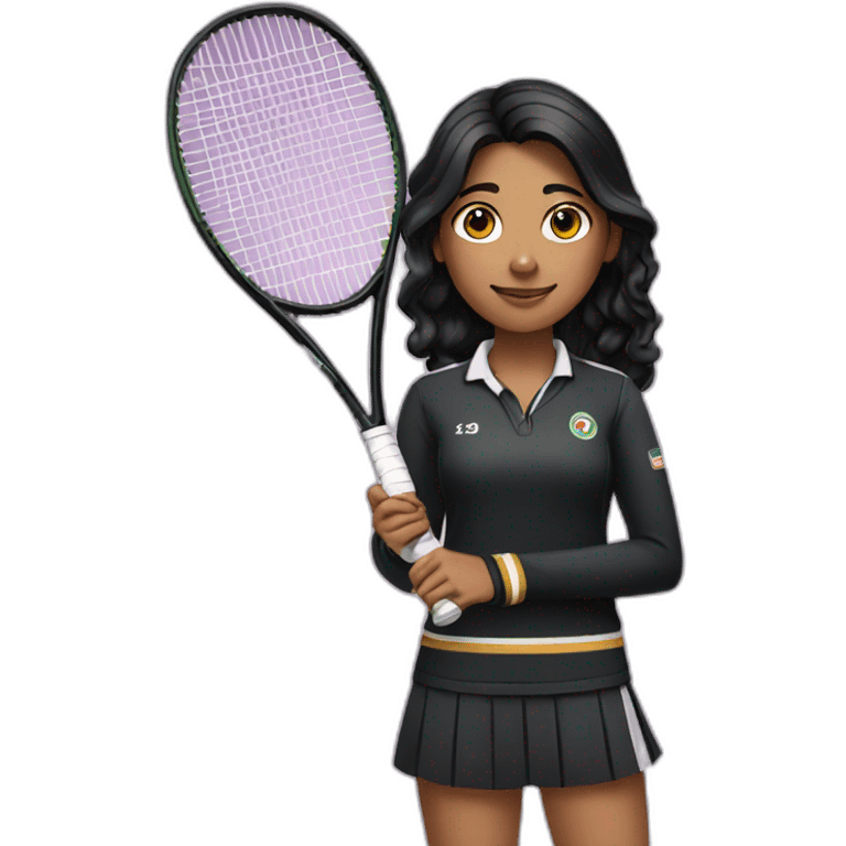 indian girl teenager holding a tennis racket wearing a black tennis uniform with wavy black hair emoji