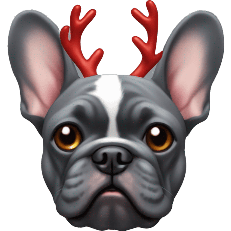 Dark grey French bulldog with reindeer antlers, a red nose like Rudolph emoji