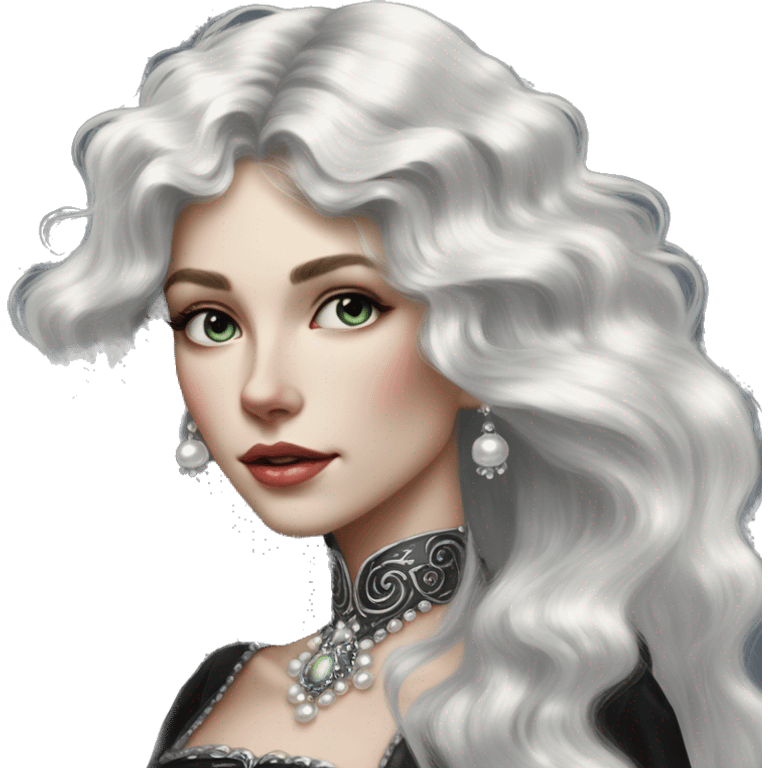 Regal pretty slender woman photograph defined cheekbones high cheekbones crown vintage with very long iridescent black and silver hair wavy long hair pearl crown iridescent emoji