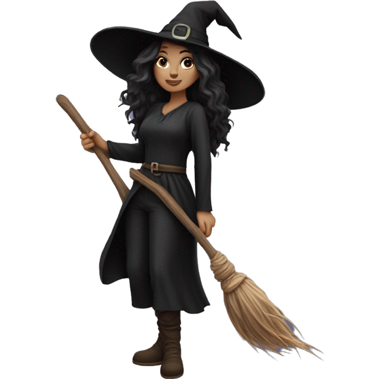 witch on a broom dark long hair white skin emoji