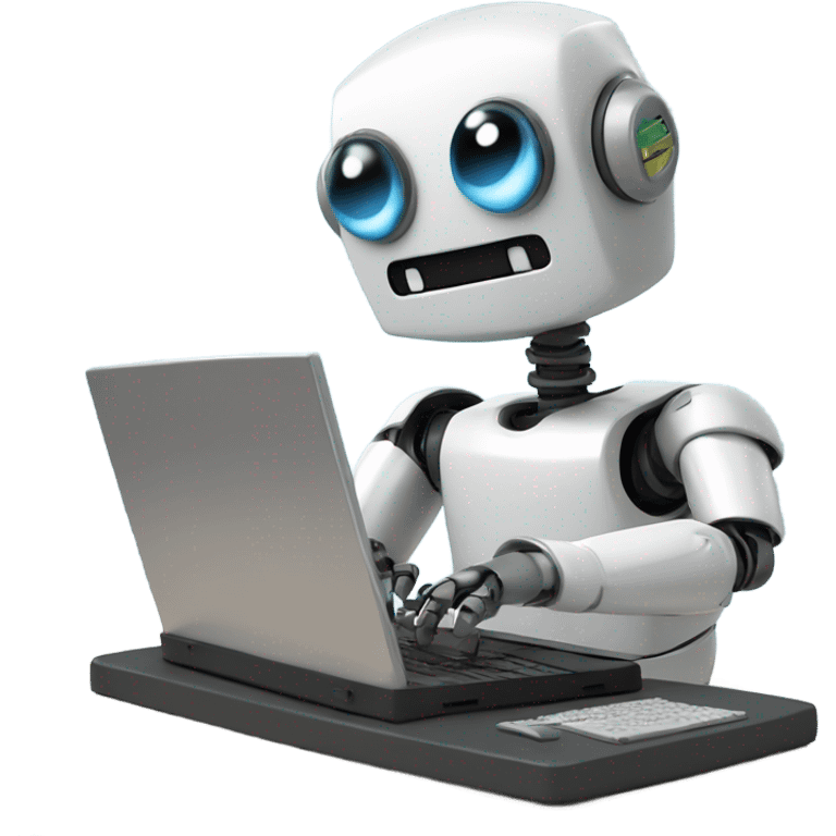 Cute happy robot behind computer writing code emoji