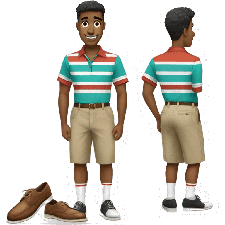 man wearing a retro bowling shirt with a teal base color with two white vertical stripes on the front, separated by thin black lines, Baggy khaki cargo shorts that go over the knees, Expensive gold watch, Italian brown loafers with pale white high socks emoji