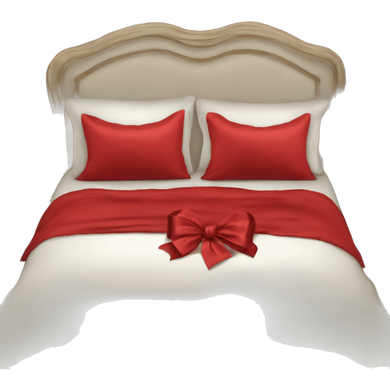 Bed with luscious satin red sheets and bows and a christmas pillow emoji