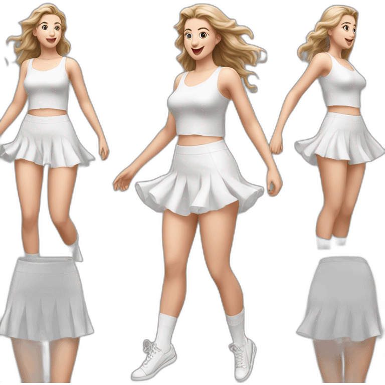 Hyperrealistic Full body Caucasian curvy beauty jumping short white skirt back and front views strong wind knickers long white socks emoji