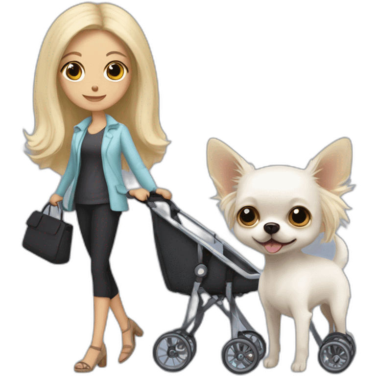 Longhair white chihuahua in a stroller next to woman with long dark hair and woman with short blonde hair emoji