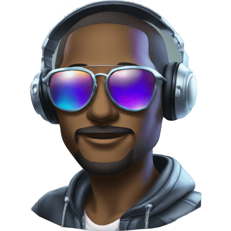 A dj wearing sunglasses playing music, record, vinyl, oilslick holographic emoji