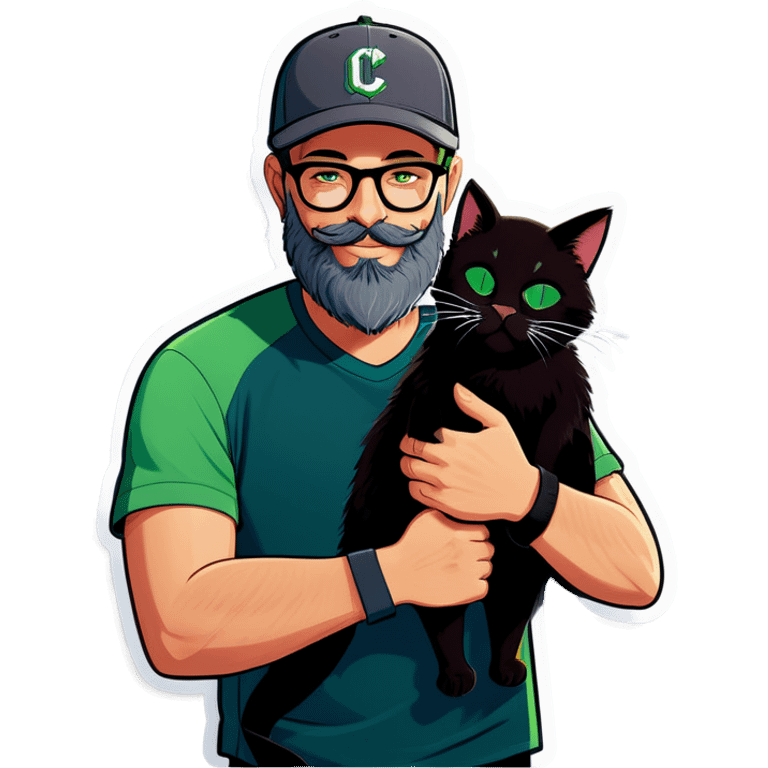 A bold man with a grey baseball cap, green eyes, big beard and glasses hugging a black cat emoji