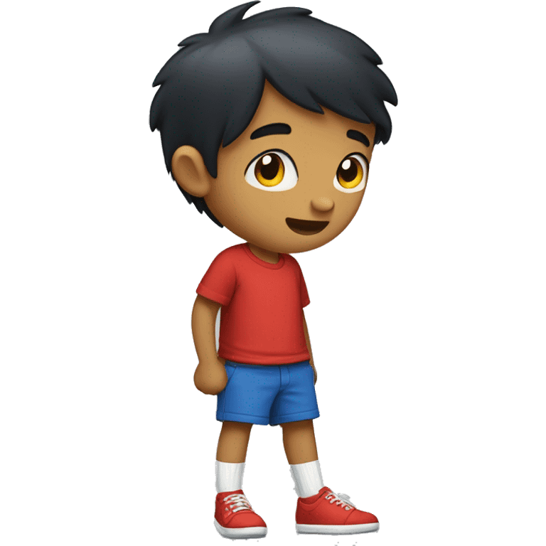  boy with short black hair and small, mischievous eyes, typically wearing a red t-shirt, yellow shorts, white socks, and blue shoes. emoji