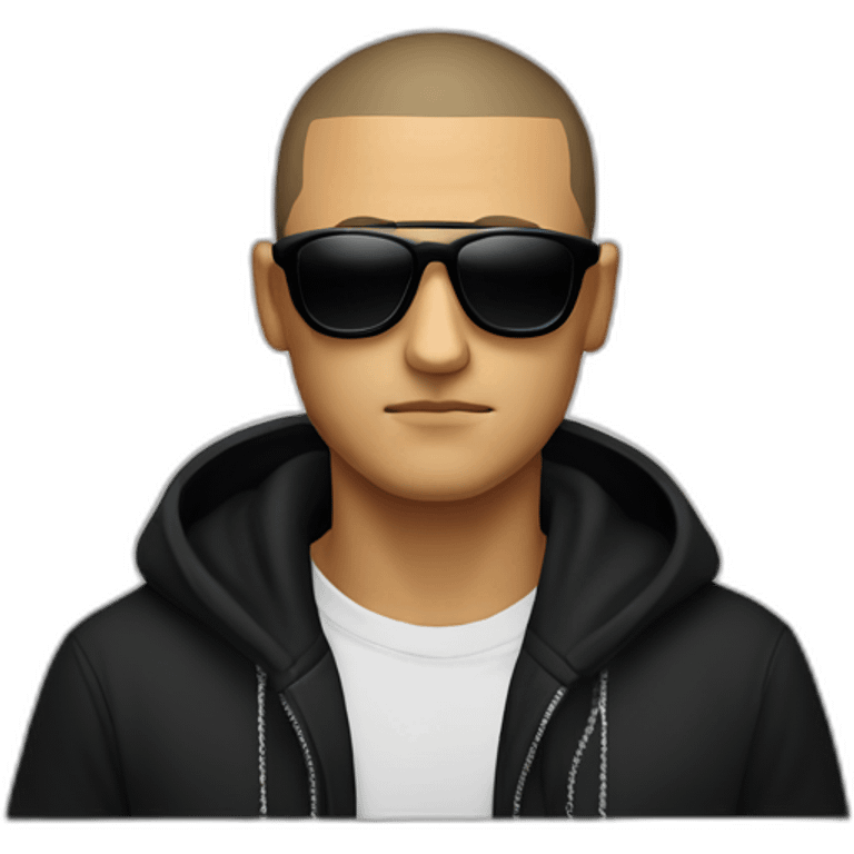 Serious face of DJ Snake with black sunglasses front view wearing a BLACK hoodie emoji