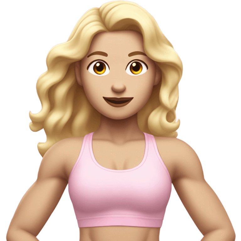 Woman, white skin, pale skin, long hair, blonde hair, wavy hair, baby pink sports bra, baby pink leggings, flexing one arm up emoji