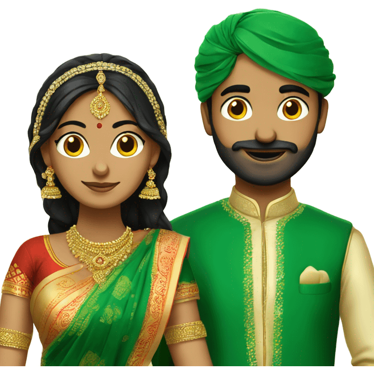 bride in green saree and groom in south indian dress emoji