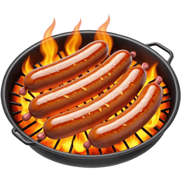 Cinematic Realistic Sausage Sizzle Dish Emoji, featuring sizzling sausages cooking over an open flame rendered with dynamic textures and warm, smoky lighting. emoji