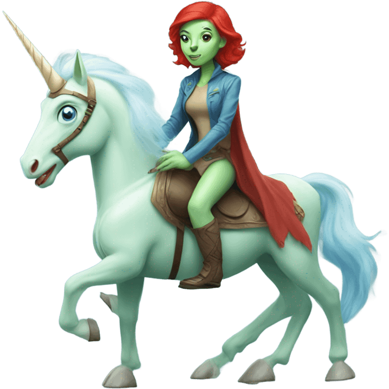 [
	{ woman: alien, color: light green, hair:red, eyes:blue] } 
	on a 
	[{ unicorn: white, legged:six, mane: light blue }] emoji