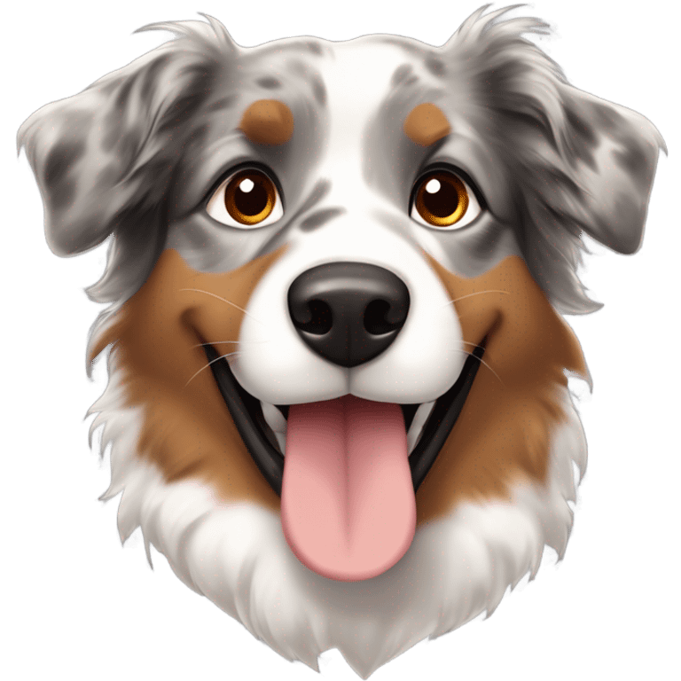 Australian Shepherd with a merle coat (gray, black, and tan), bright brown eyes, big smile, fluffy slightly perked ears, red collar with tags, and front paws crossed elegantly. emoji