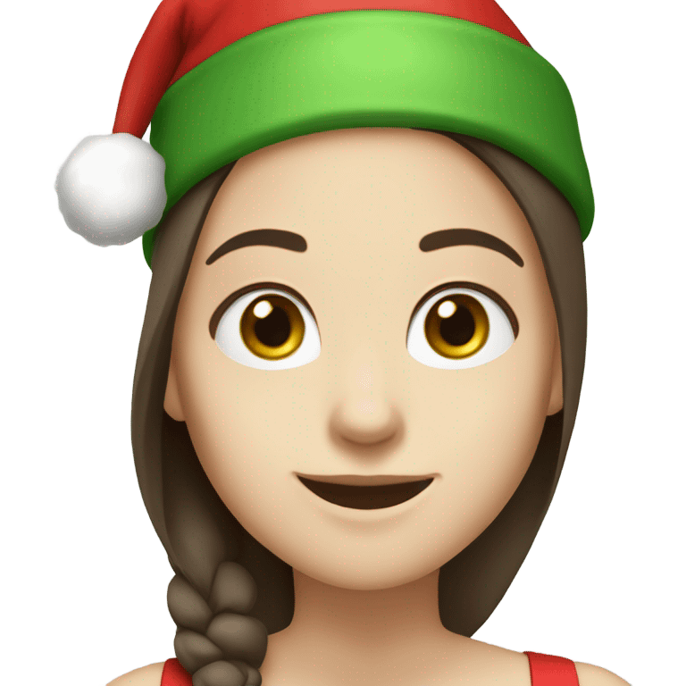 White skinned girl with green eyes and long dark brown straight hair with a Santa hat on smiling emoji