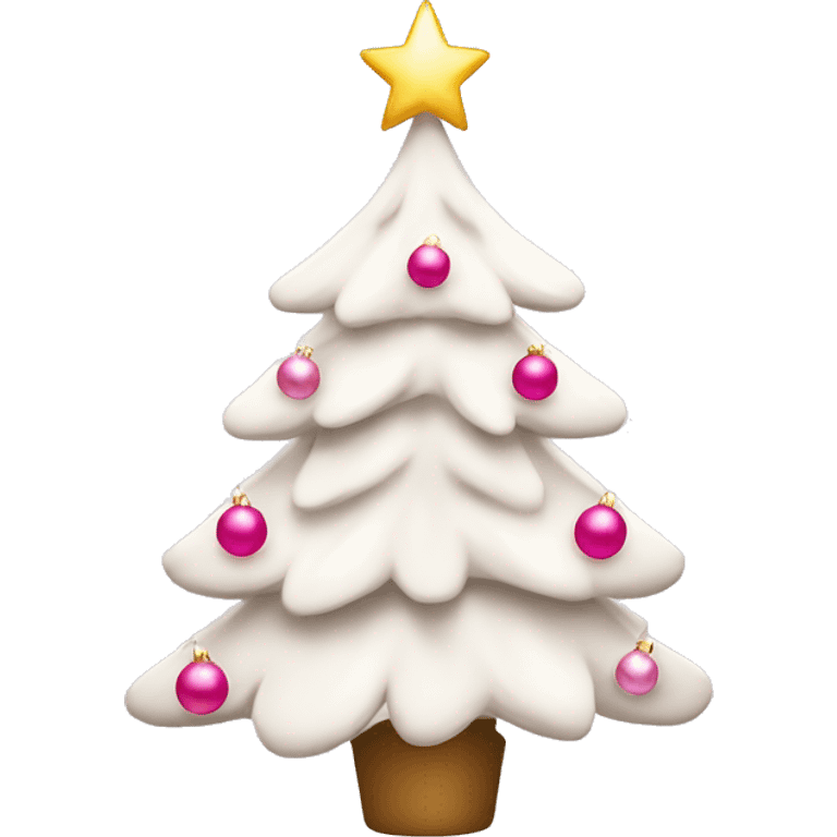 White Christmas tree with warm, lighting and pink ornaments ￼ emoji