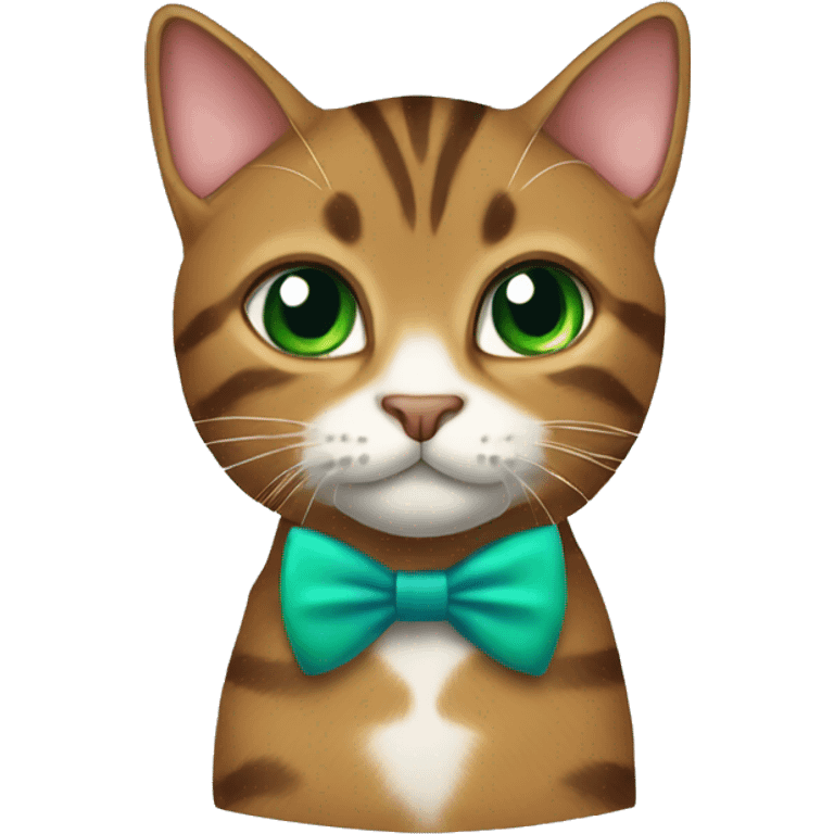 A brown tabby cat with green eyes and a blue bowtie emoji