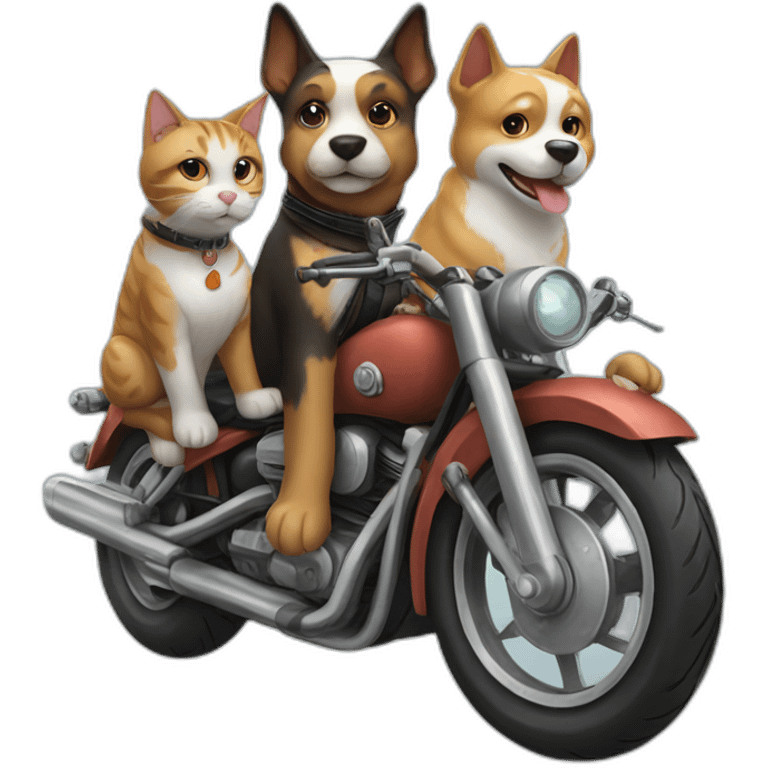 Two dogs and one cat on a motorcycle emoji