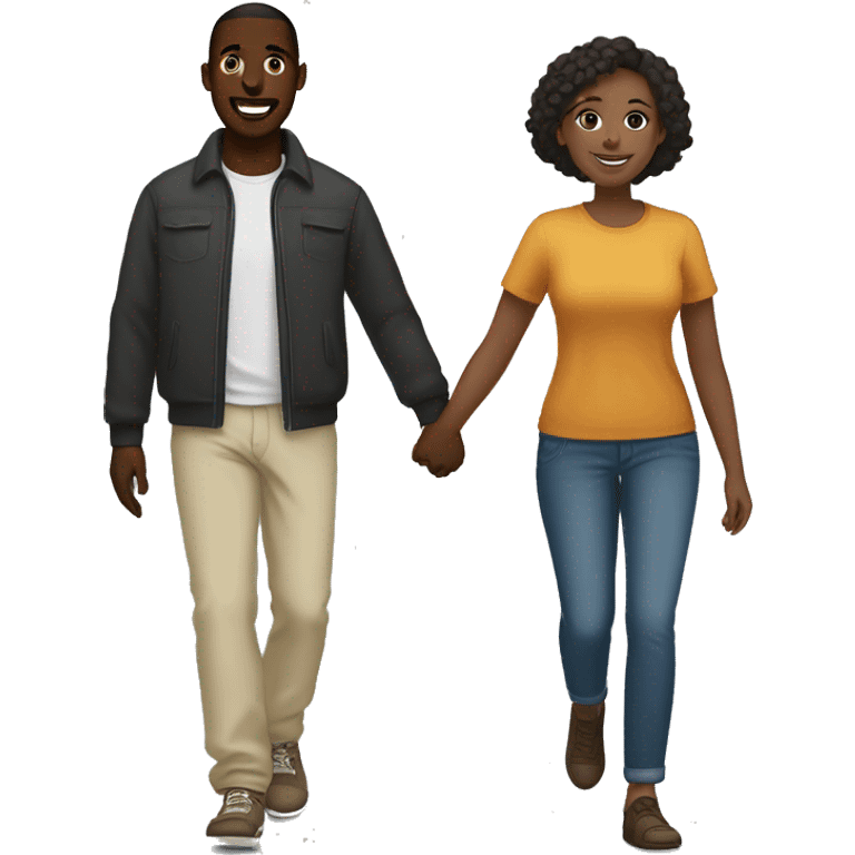 “A black Somali man with short hair and a white woman with dark brown hair holding hands and walking side by side, smiling and enjoying their time together emoji