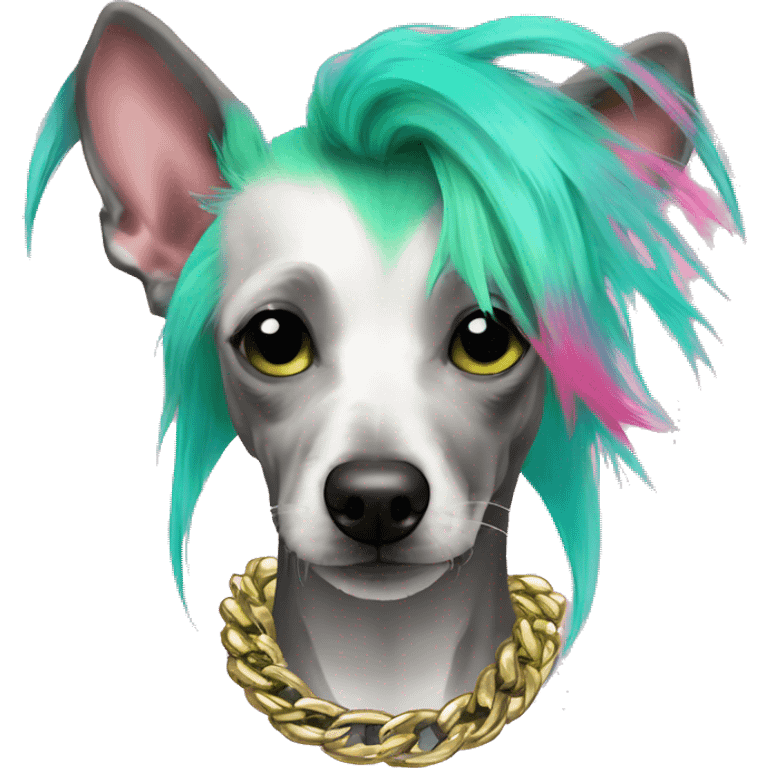 Punk Chinese crested dog neon rainbow cyan green pink hair gold chain punk piercings tattoos punk ear piercings emoji