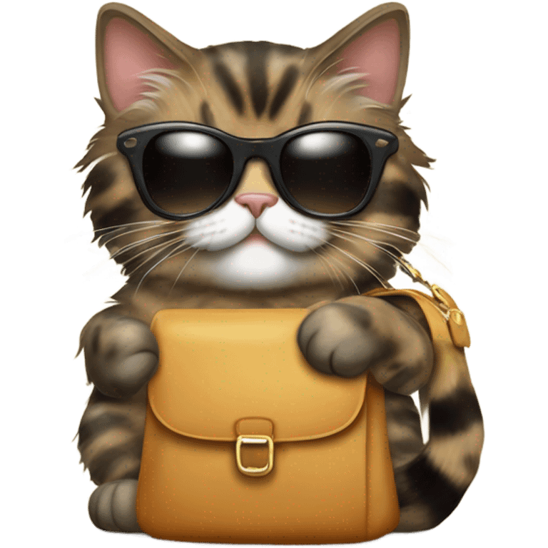 Tortishell pattern Siberian cat wearing sunglasses and holding a bag of catnip in one paw emoji