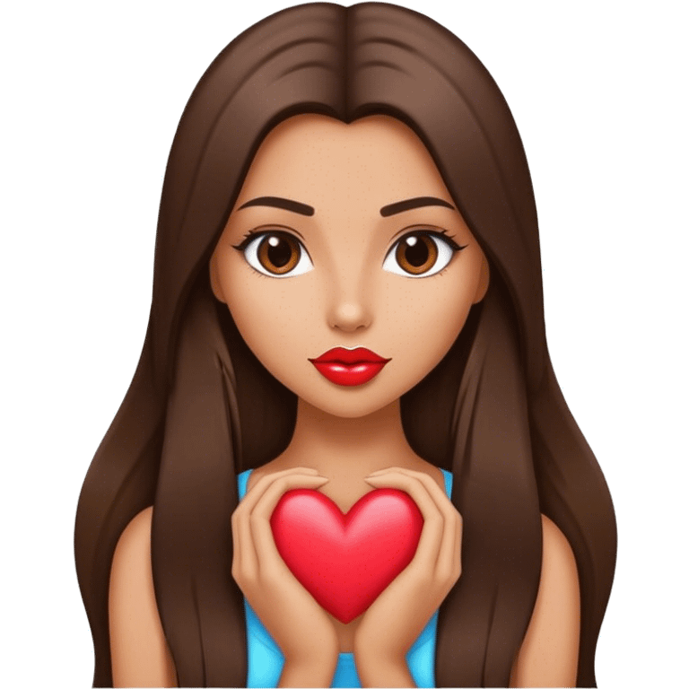 Model tanned beautiful girl with pump lips and brunette straight long hair showing heart emoji