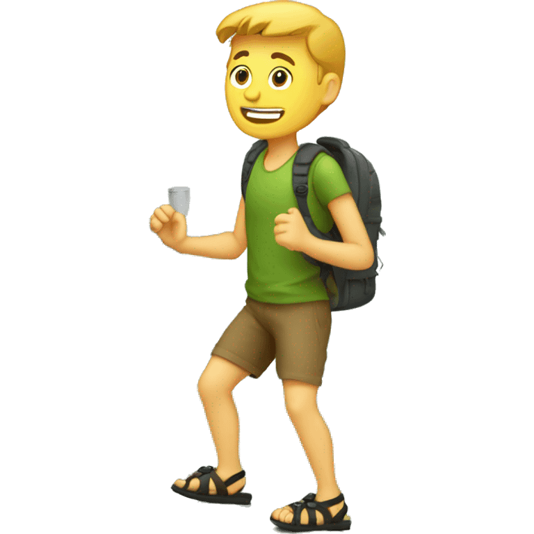 a white guy hiking using sandals, with a computer and coding while he is hiking emoji