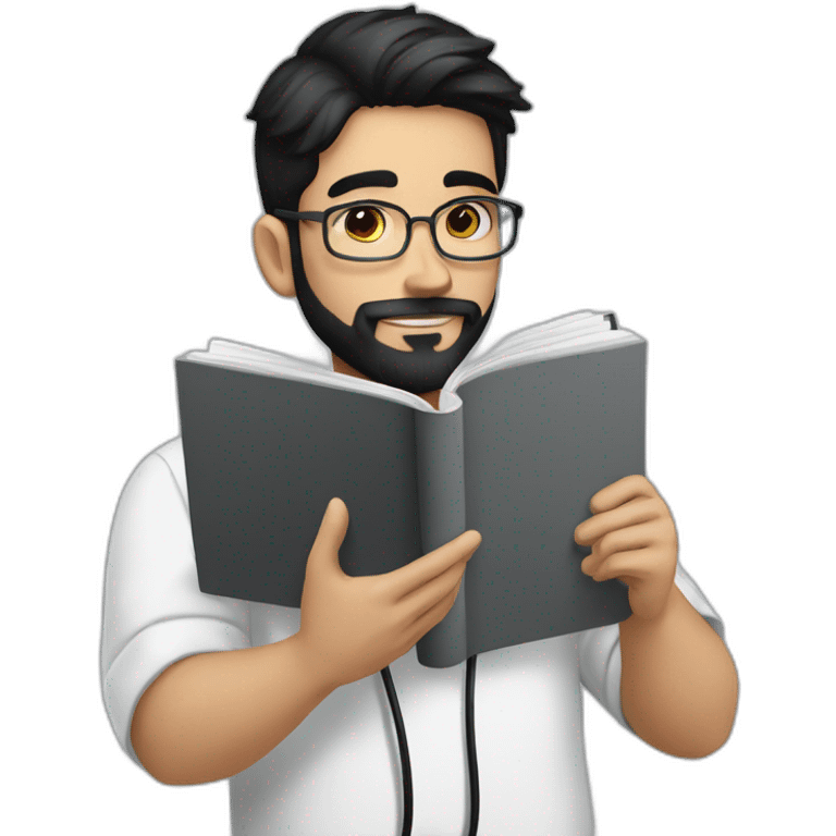 young spanish surgeon with black hair, black beard and stethoscope,reading a book emoji