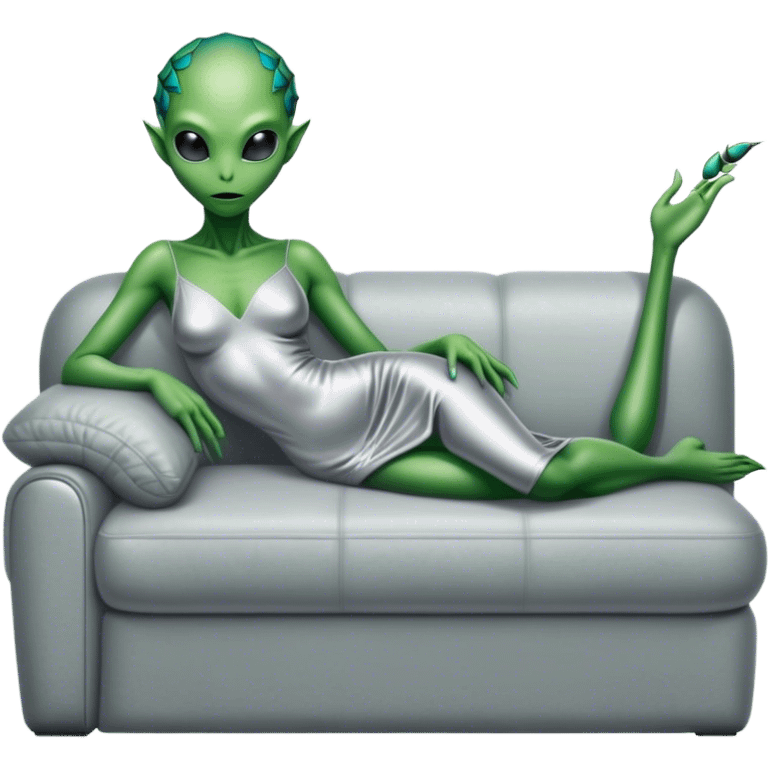 a reptilian green alien woman, in silver dress, lie on couch comfy, full figure emoji