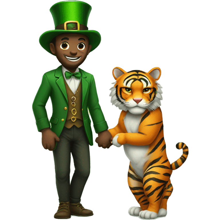 Leprechaun holding hands with a tiger  emoji