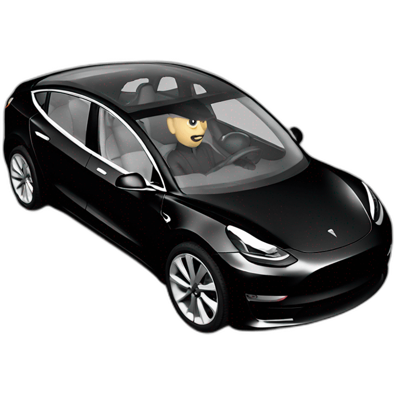 small Nikola Tesla riding an all black Tesla Model 3, side view emoji