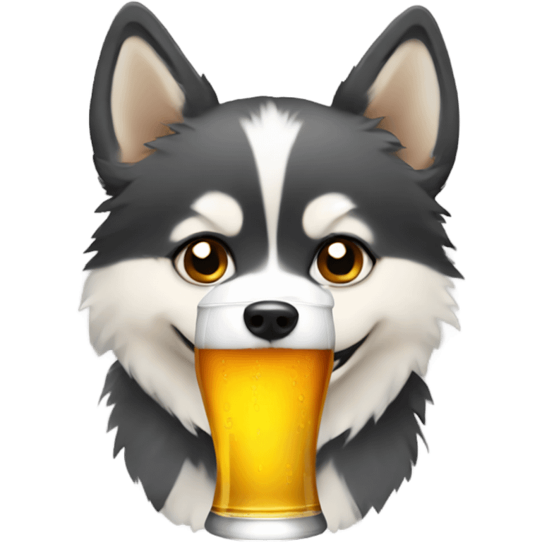 Pomsky drinking a beer emoji