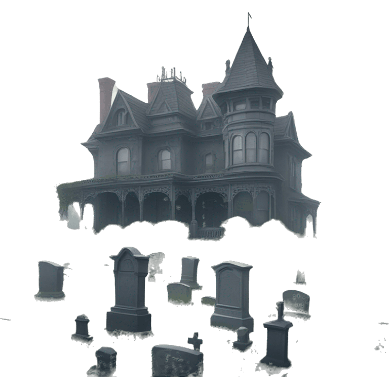 Large overgrown Haunting graveyard and Victorian mansion at noon, light fog emoji