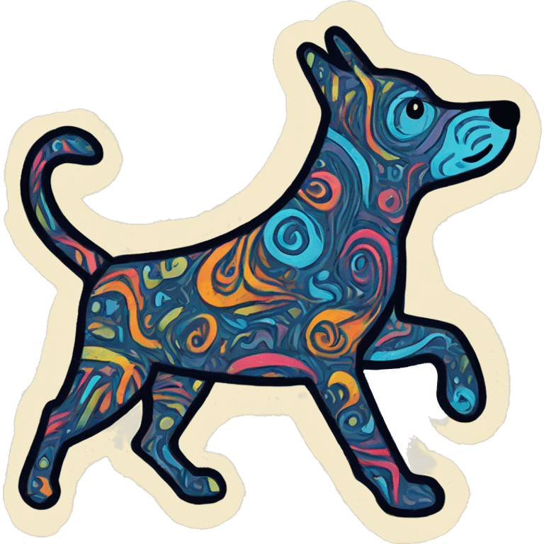 Abstract quirky funky made of different shapes dog running and squiggles linocut multicoloured illustrations  emoji