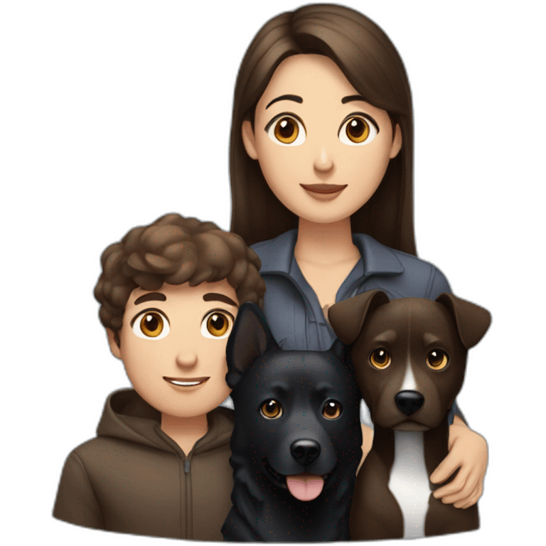 brunette young woman, brunette man and black medium dog. together emoji