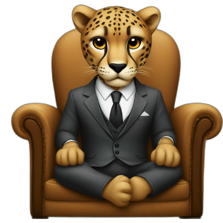 A cheetah wearing a suit looking straight while sitting in a chair emoji