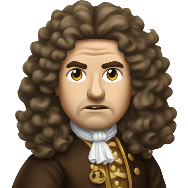 "An emoji of Louis XIV with long curly hair and royal attire, looking angry. He has furrowed brows, narrowed eyes, and a tense frown, showing his royal frustration." emoji